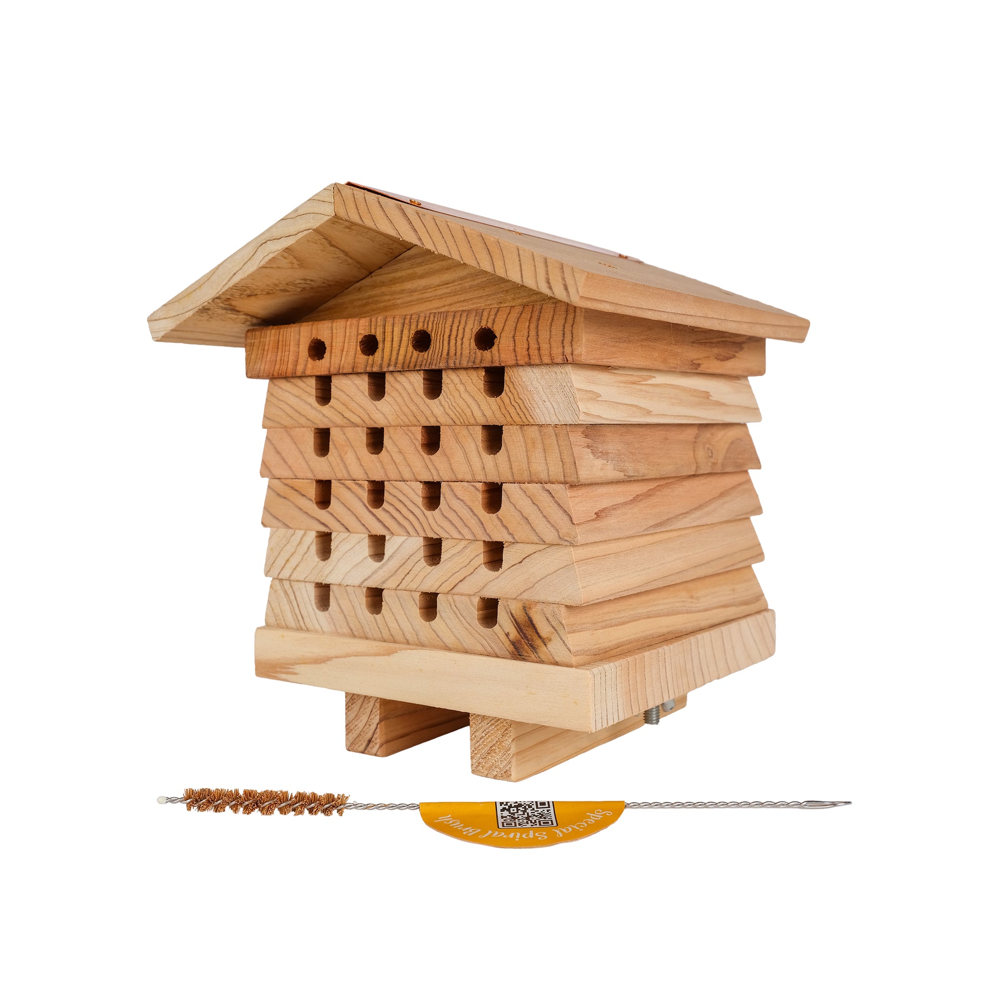 Solitary bee hive with brush side view.