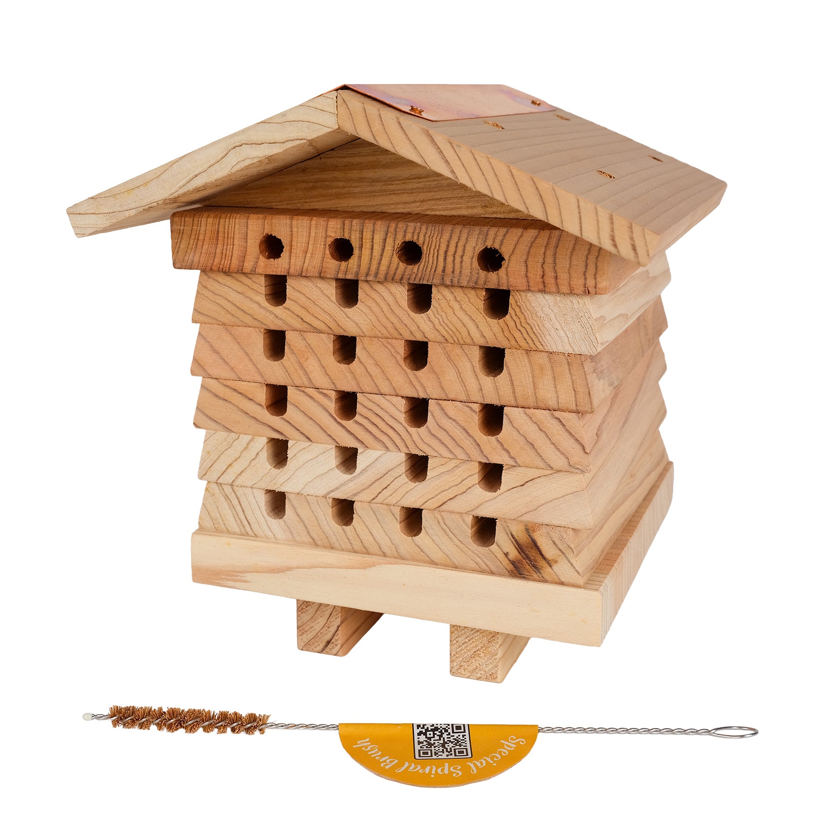 Wooden solitary bee hive with natural bristle and wire brush.