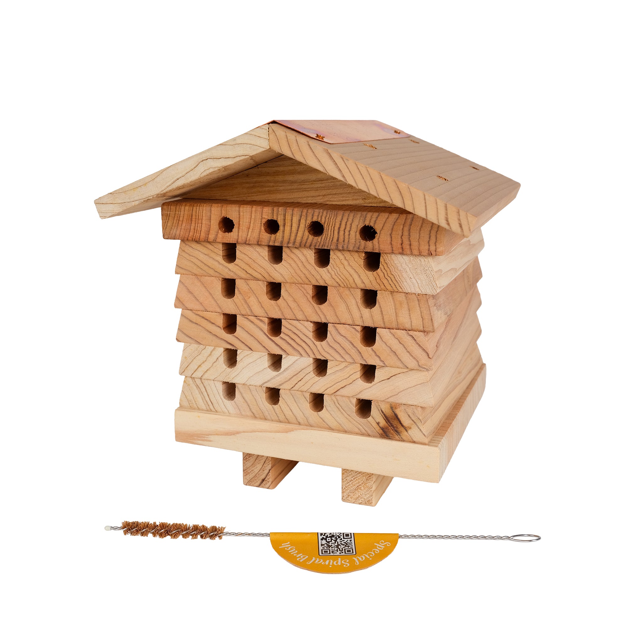 Solitary bee hive with brush side view.