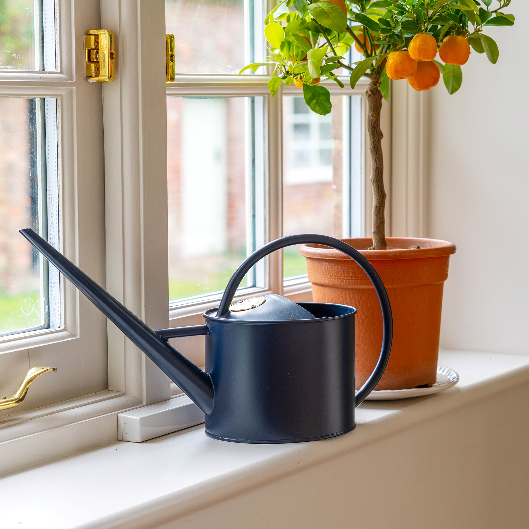1.7 litre steel watering can in a navy, matt finish sat on a windowsill next to a plant in a pot.