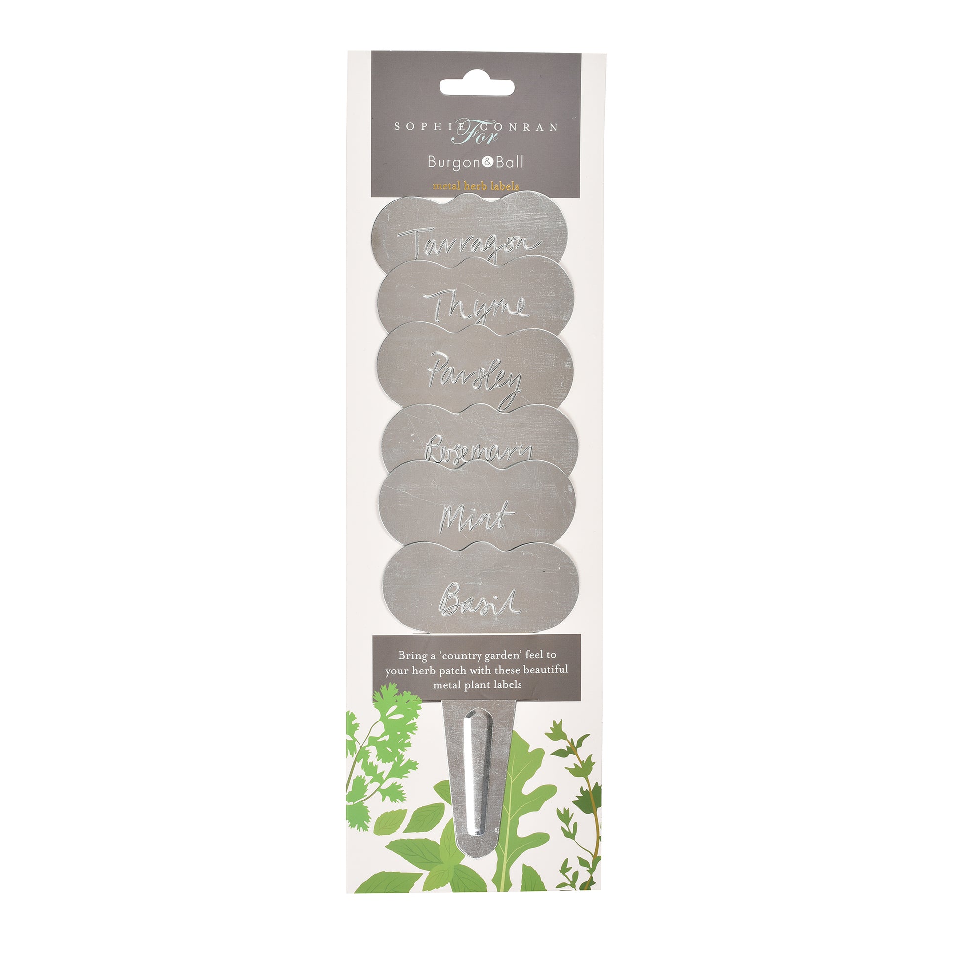 Set of six metal herb labels embossed with the names of different common herbs.
