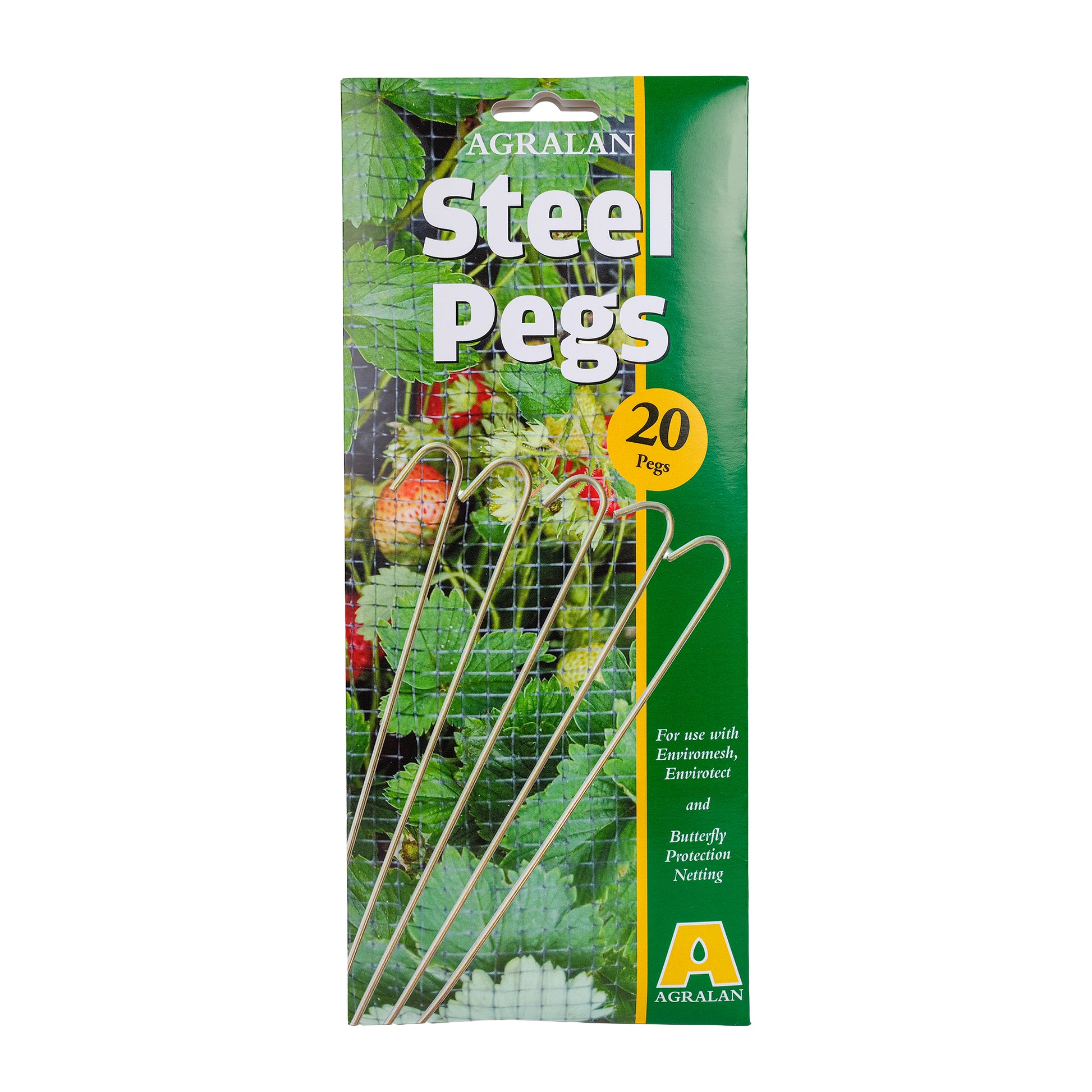 Pack of 20 steel garden pegs in a plastic-free pack.
