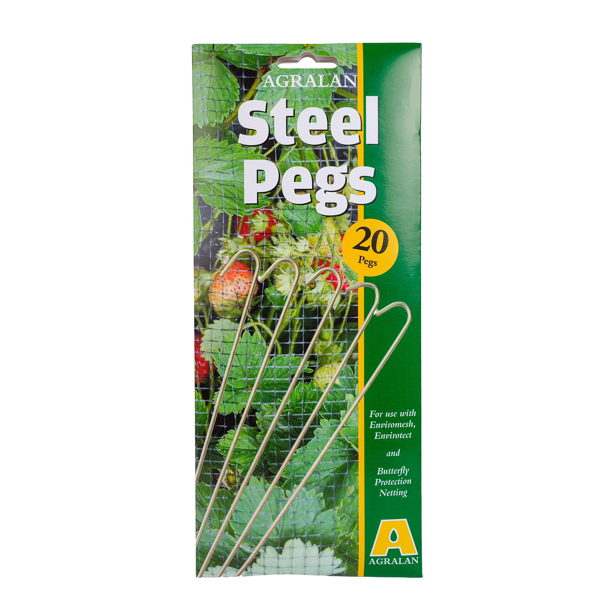 Pack of 20 steel garden pegs in a plastic-free pack.