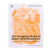 Book cover of 'The Complete Book of Self-Sufficiency' by John Seymour with an orange illustration of a house with a kitchen garden.