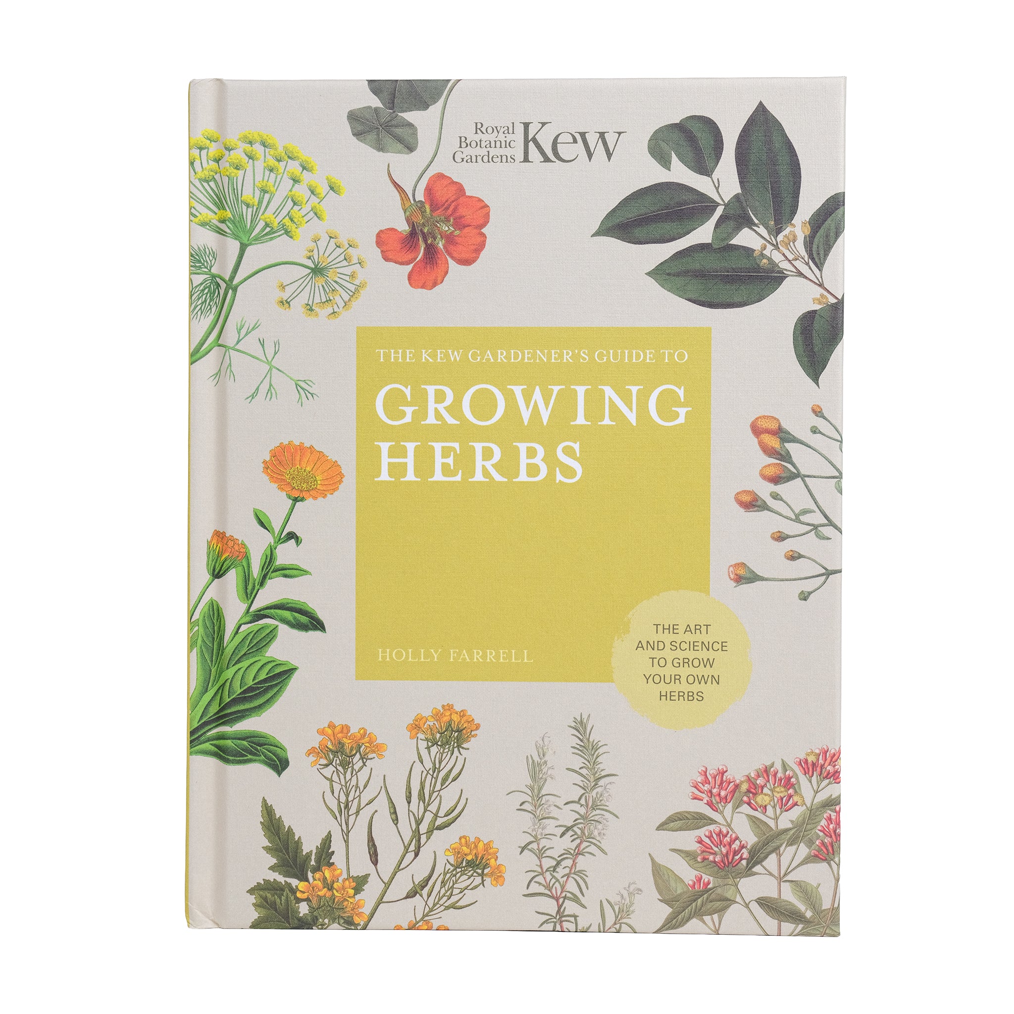 Book cover of 'The Kew Gardener's Guide to Growing Herbs' with botanical illustrations.