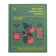 Book titled 'The Self-Sufficiency Garden' with illustrations of plants and preserving jars.