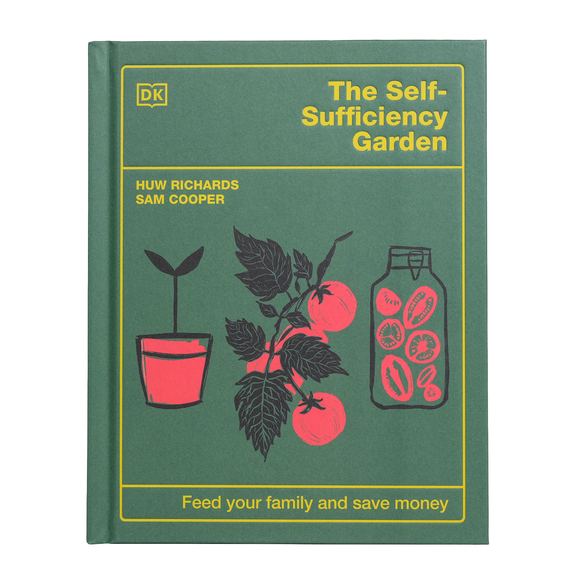 Book titled 'The Self-Sufficiency Garden' with illustrations of plants and preserving jars.