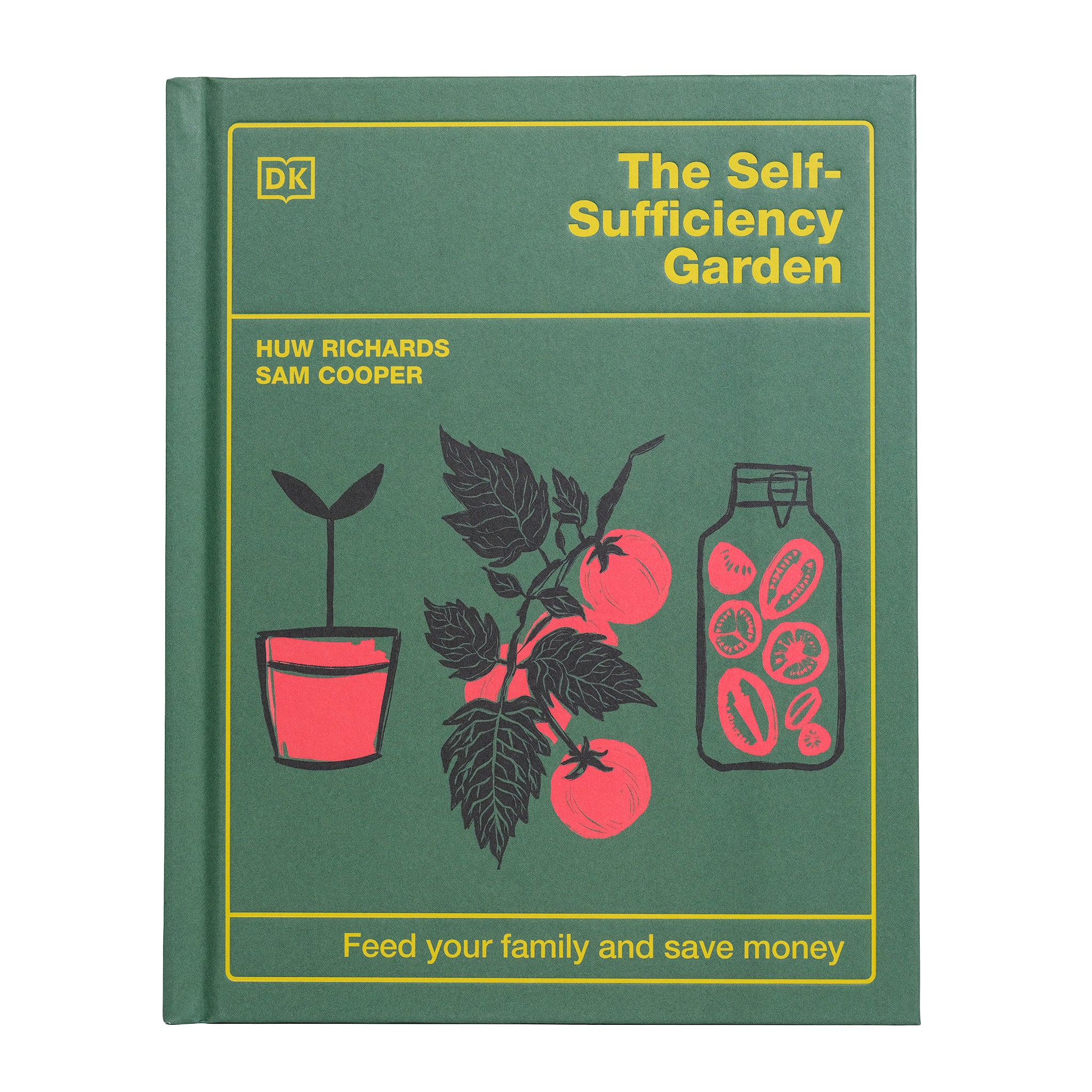 Book titled 'The Self-Sufficiency Garden' with illustrations of plants and preserving jars.