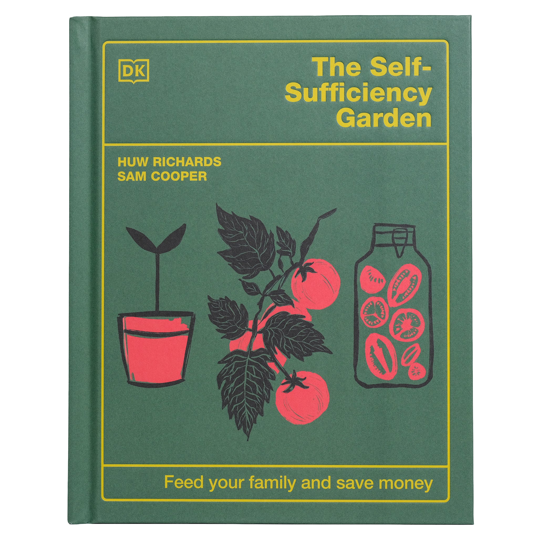 Book titled 'The Self-Sufficiency Garden' with illustrations of plants and preserving jars.