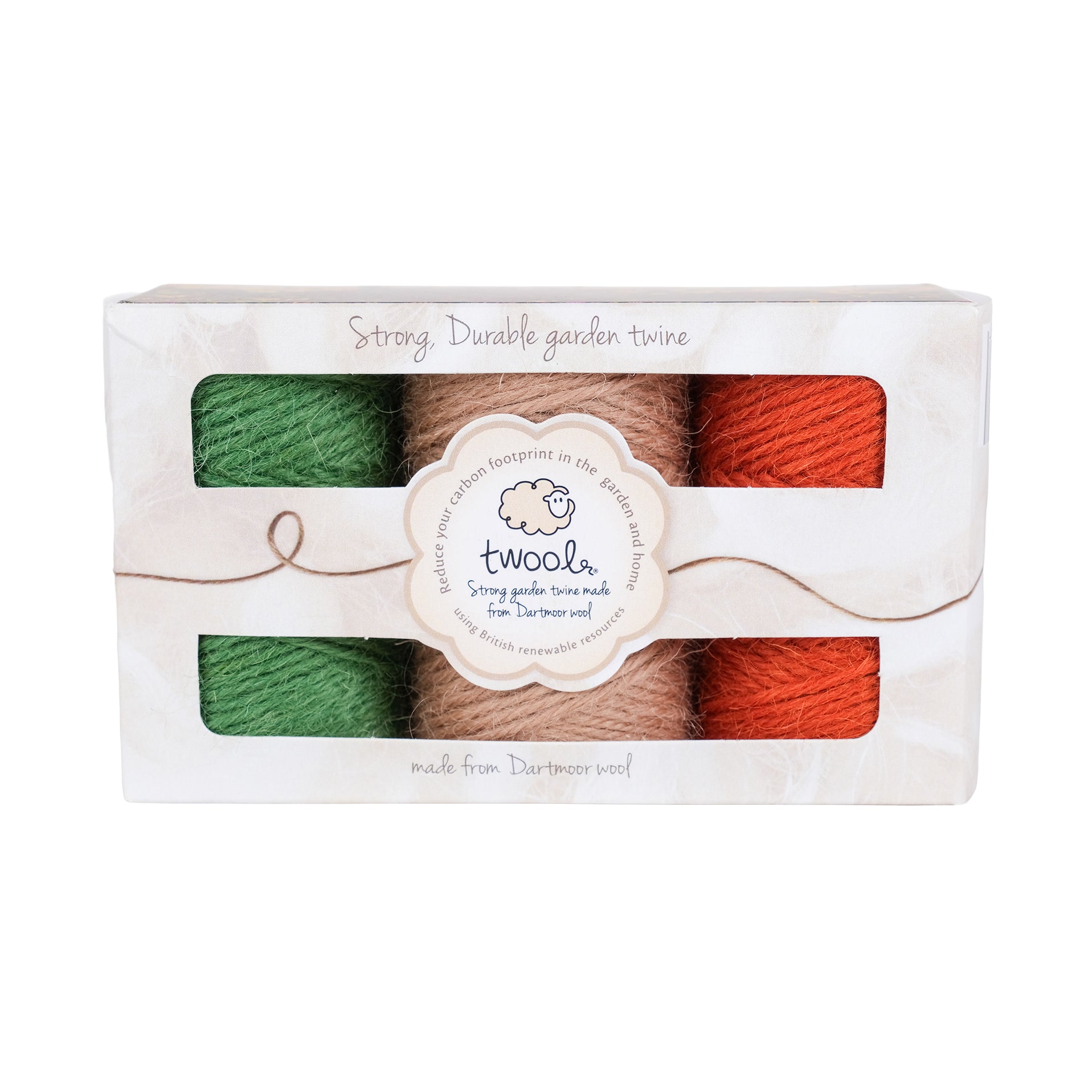 Gift box containing three, thirty five metre spools of wool twine in traditional gardeners’ colours. 