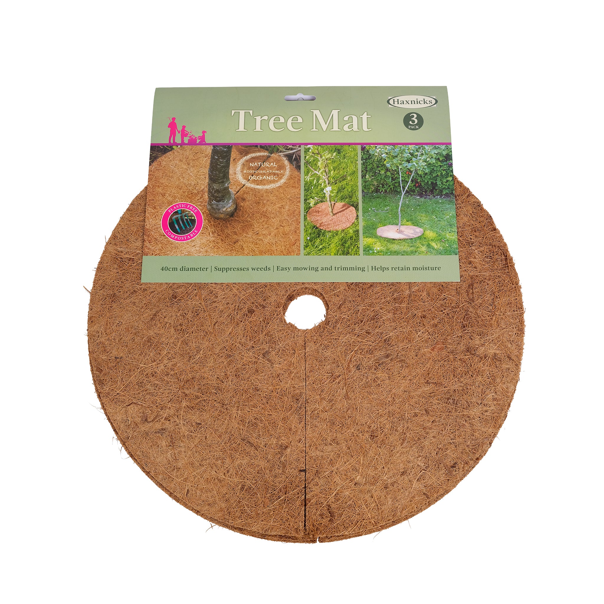 Pack of three tree mulch mats made of coir and natural latex.