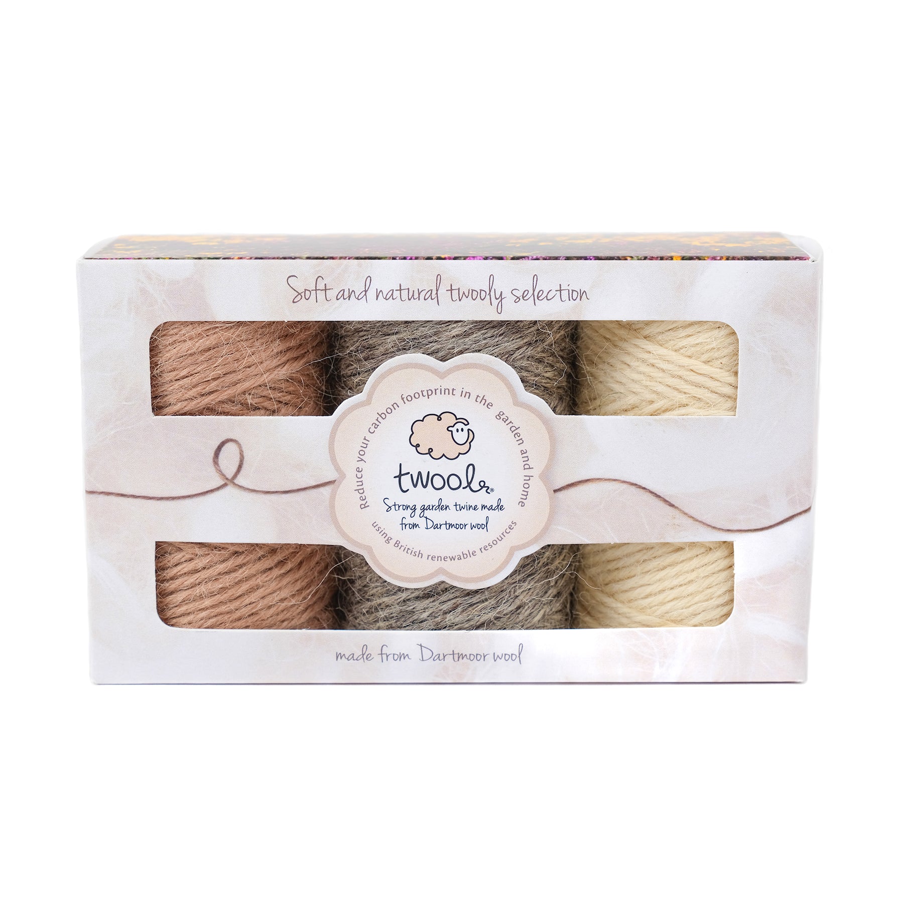 Gift box of three wool twines in soft and natural colours.
