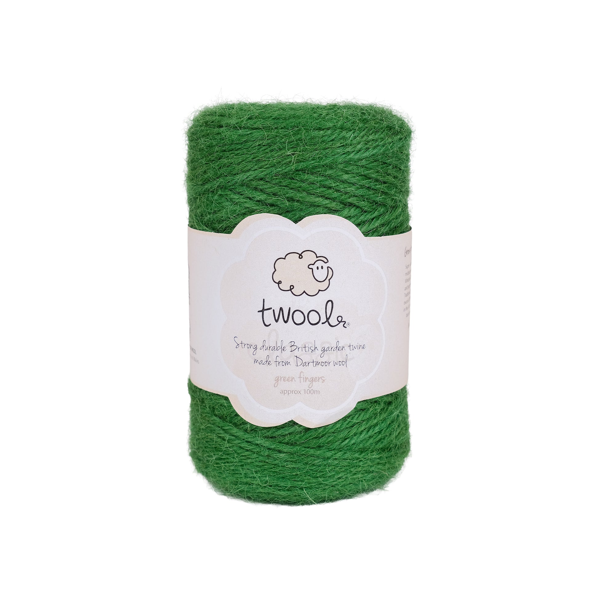Spool of one hundred metre wool twine in green.
