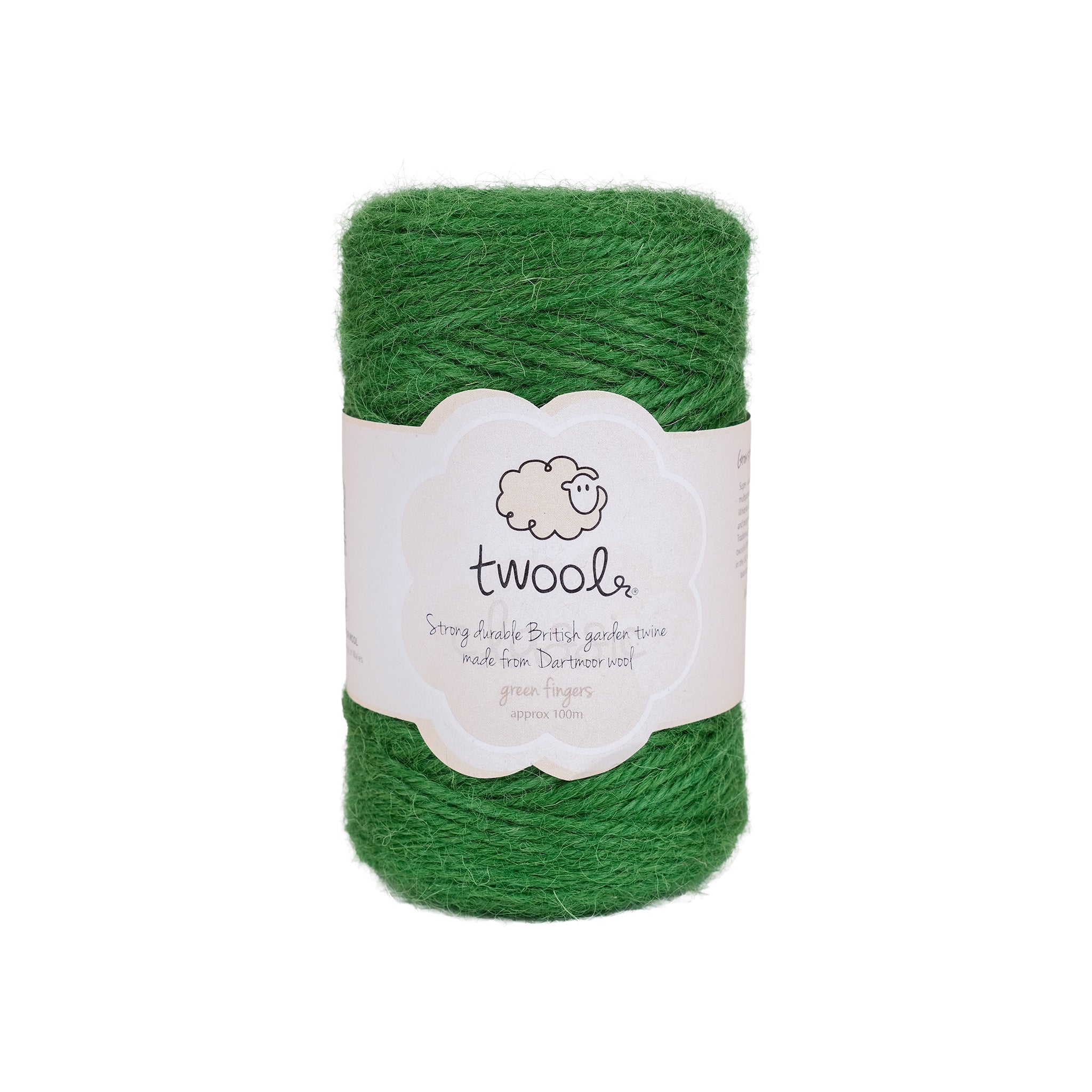 Spool of one hundred metre wool twine in green.