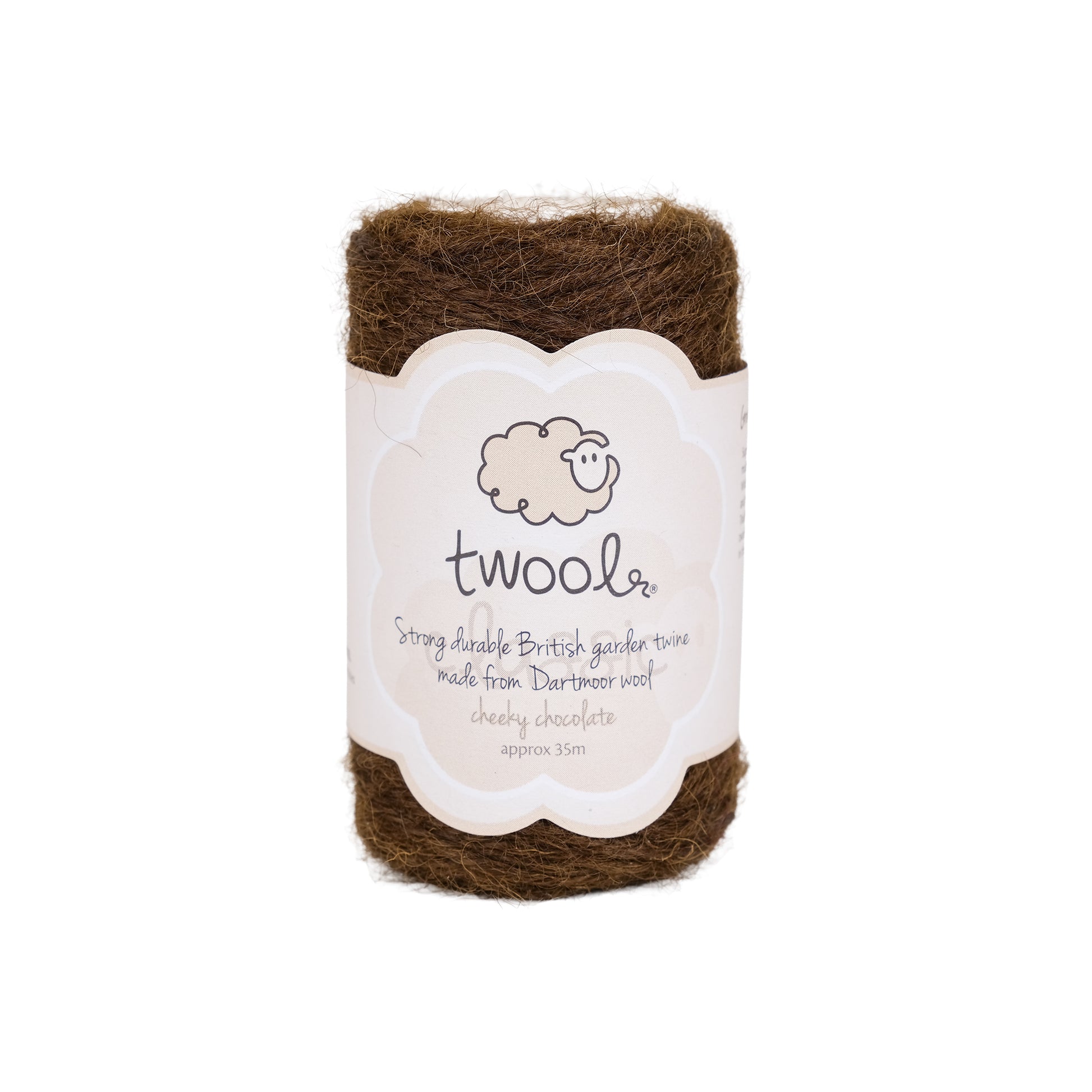 Spool of thirty five metre wool twine in a chocolate colour.