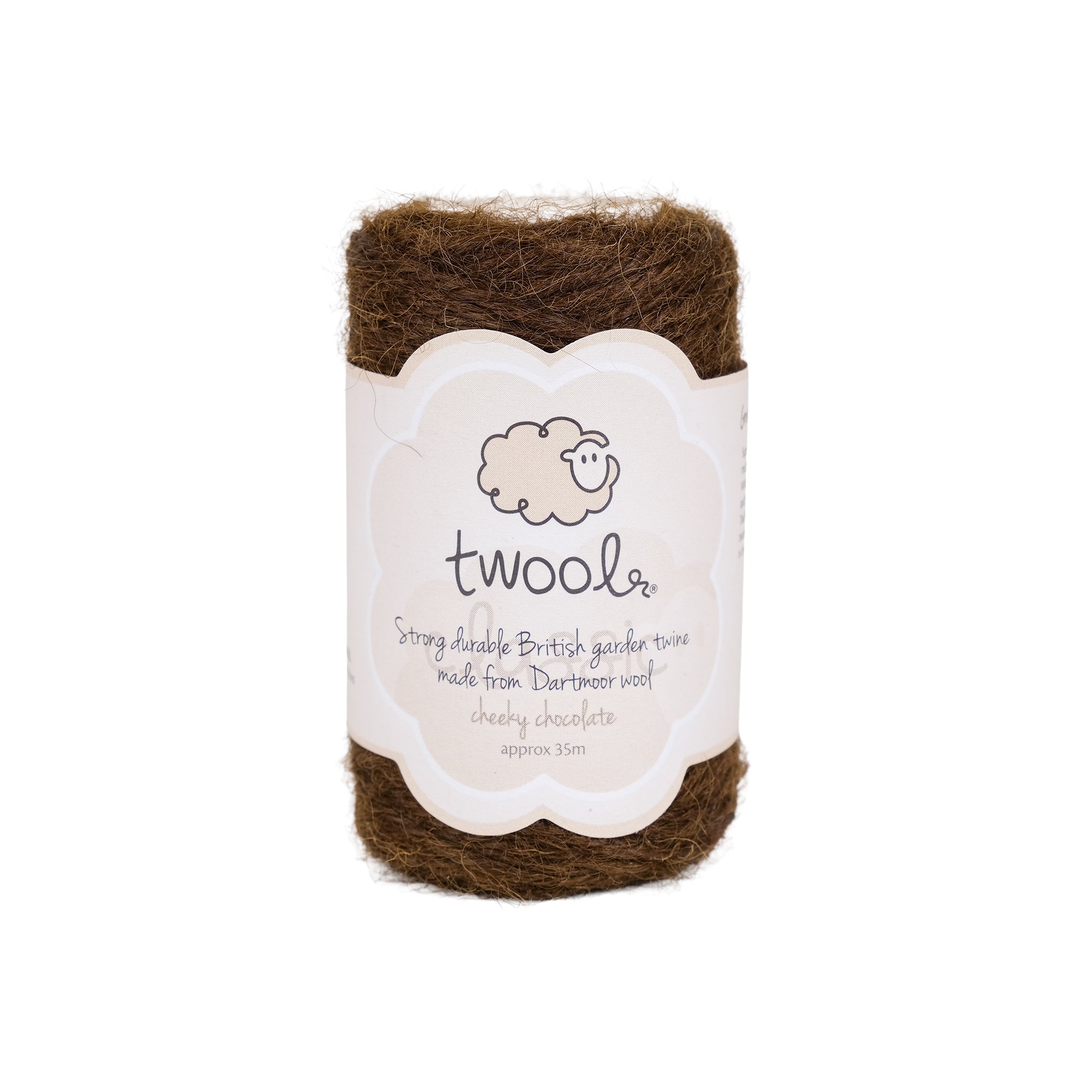 Spool of thirty five metre wool twine in a chocolate colour.
