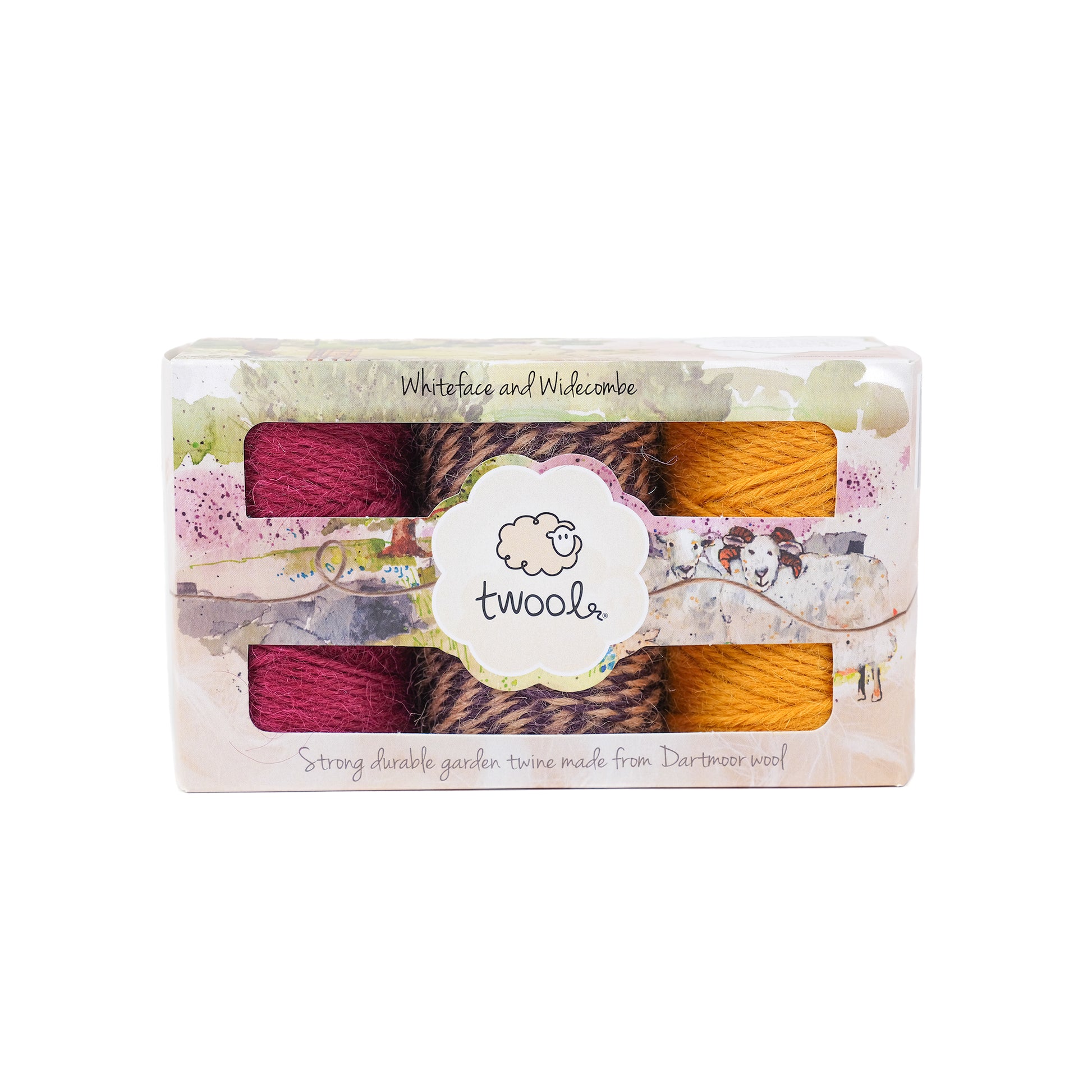 Gift box of three wool twines in heather colours from Twool.