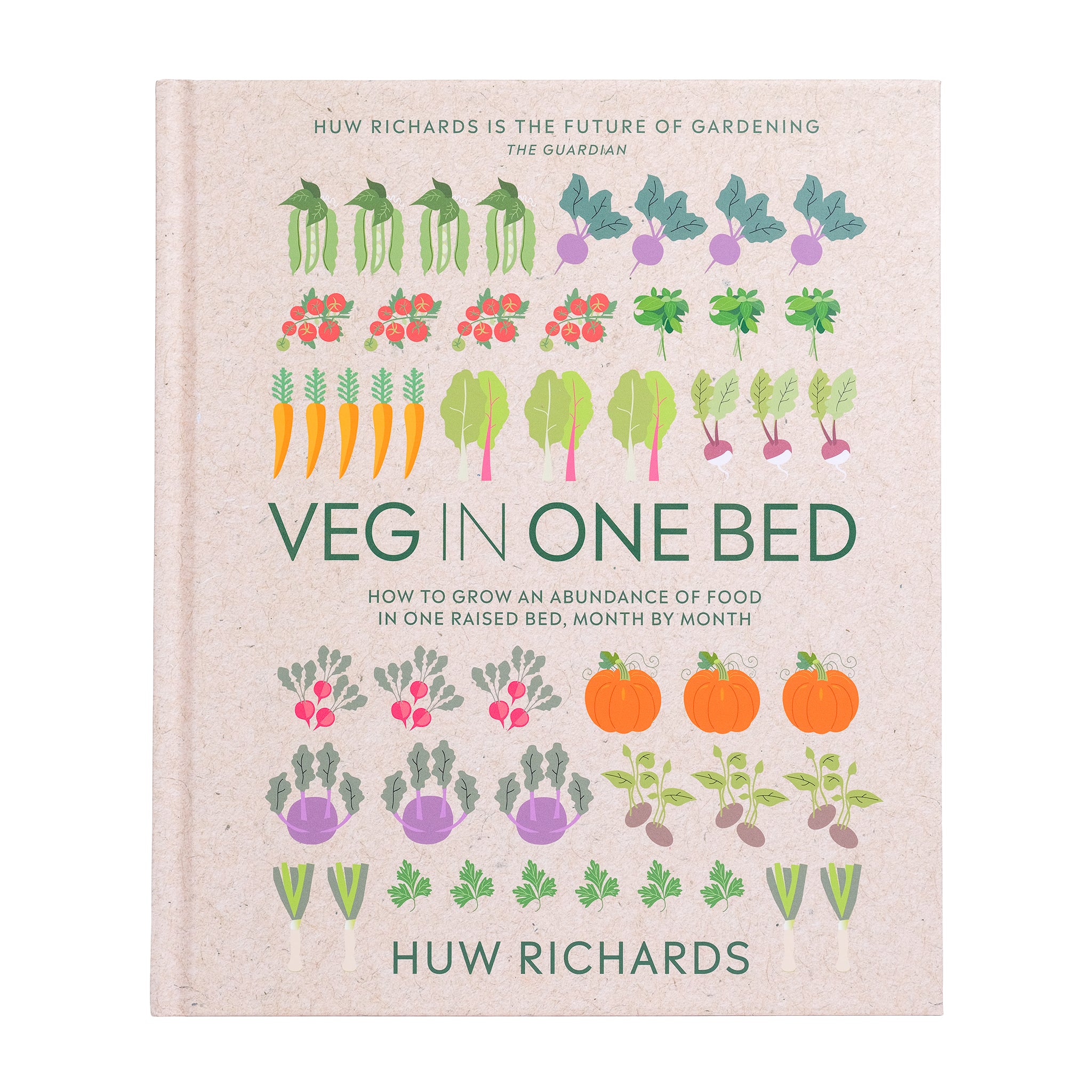 Book cover of 'Veg in One Bed' by Huw Richards with illustrations of vegetables.