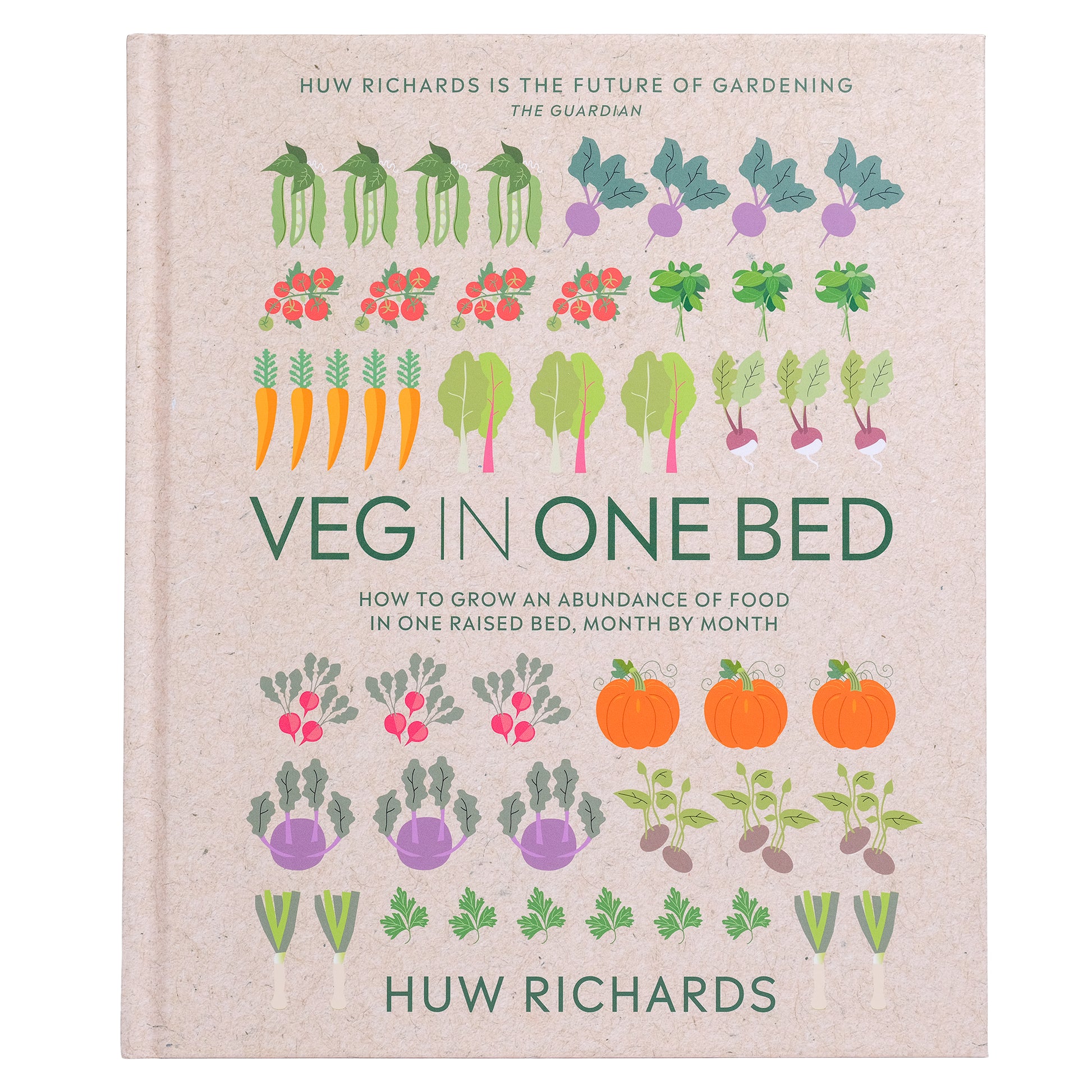 Book cover of 'Veg in One Bed' by Huw Richards with illustrations of vegetables.