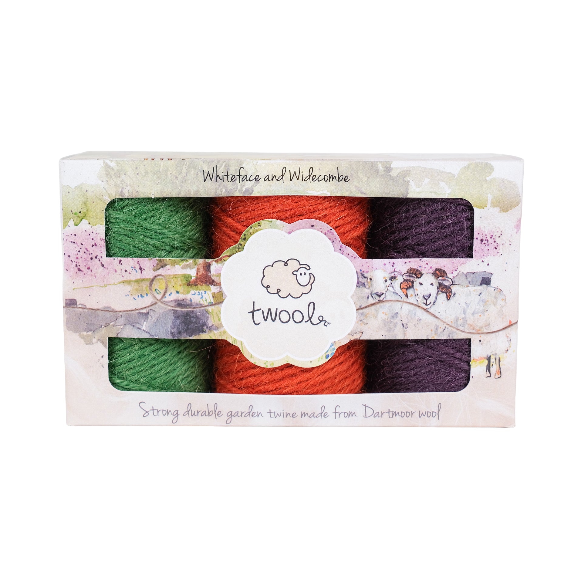 Gift box containing three, thirty five metre spools of wool twine.