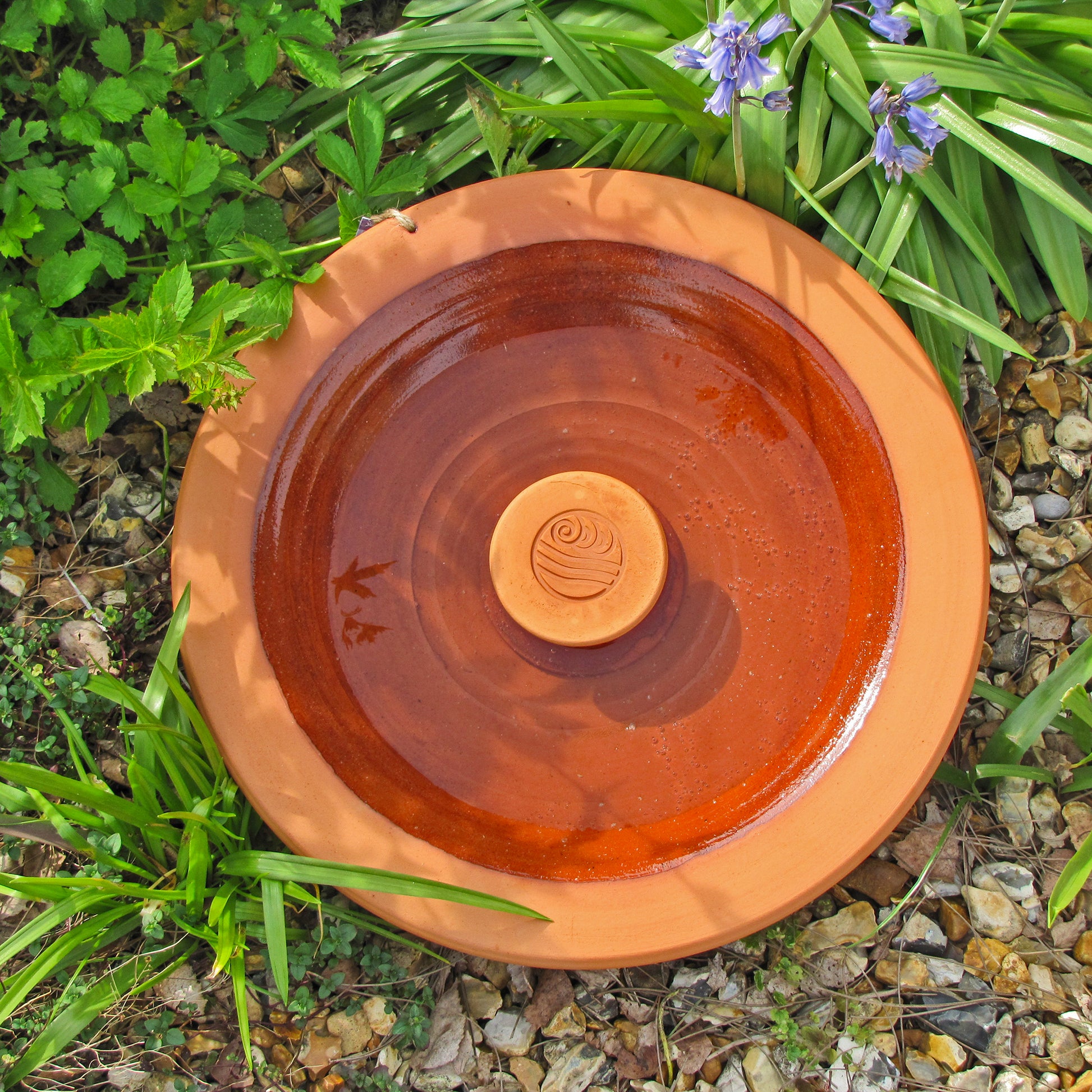 The Wild Island Bird Bath next to some foliage.