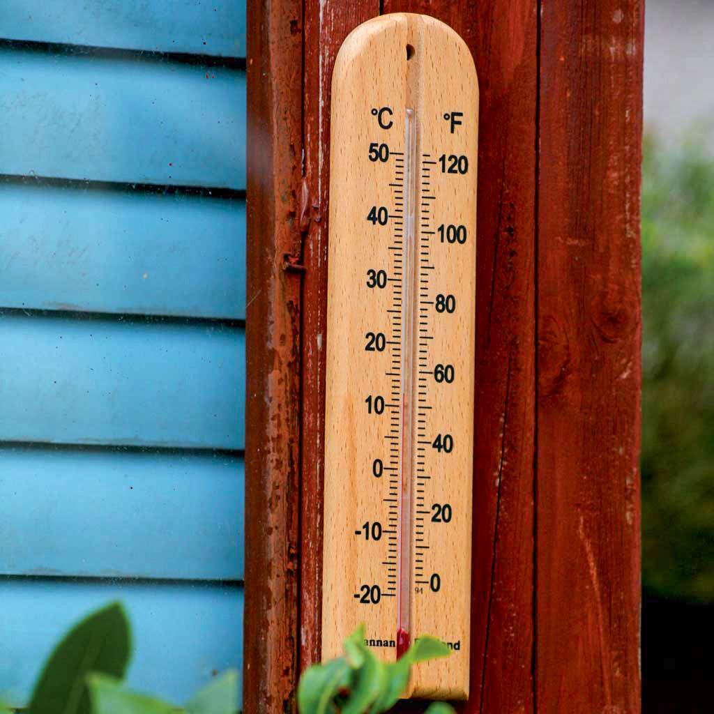 Wooden wall thermometer outside.