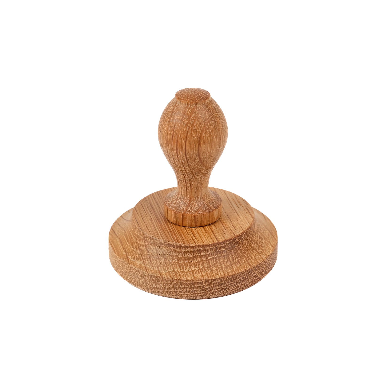 Round, wooden pot tamper.