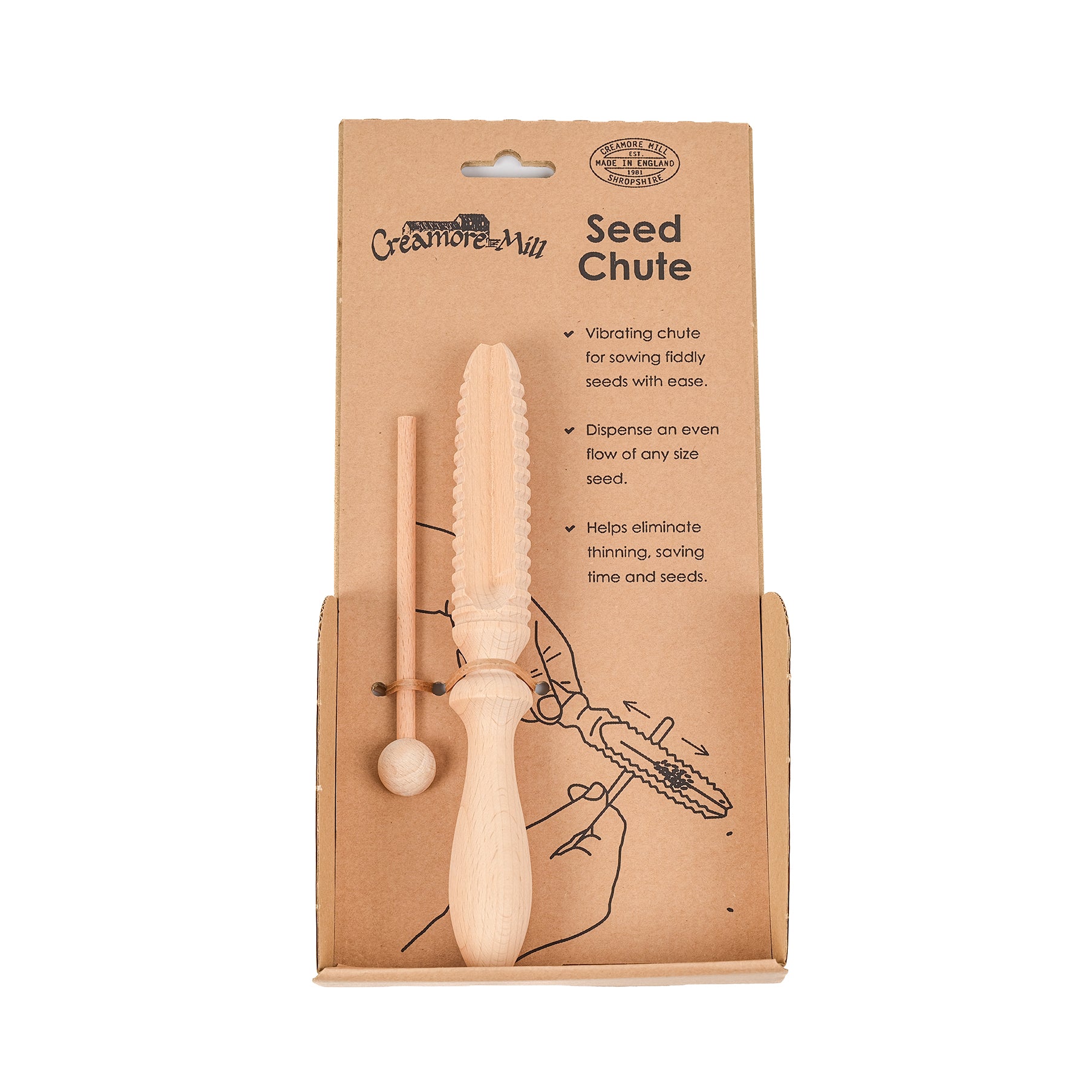 Wooden seed sowing chute with wooden stick in its packaging.