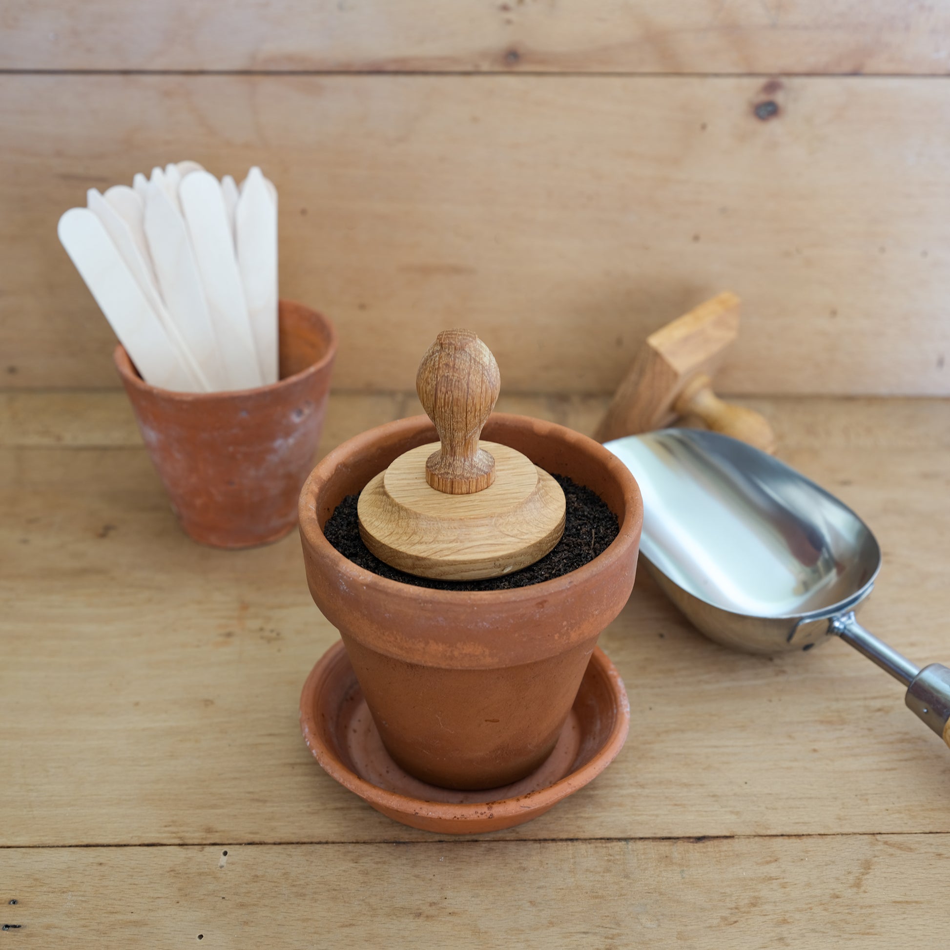 Round tamper made from sustainably sourced oak. Useful for pressing down compost in round plant pots before seed sowing.