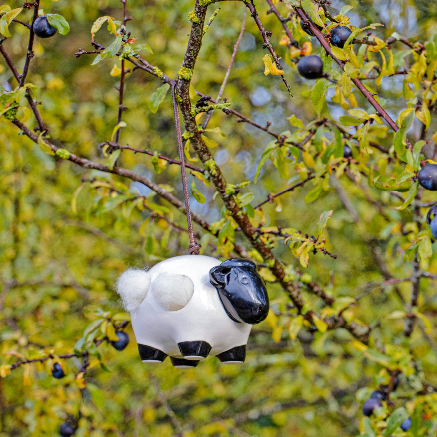 Ceramic ‘Woolie’ the sheep hanging nesting wool dispenser for birds.