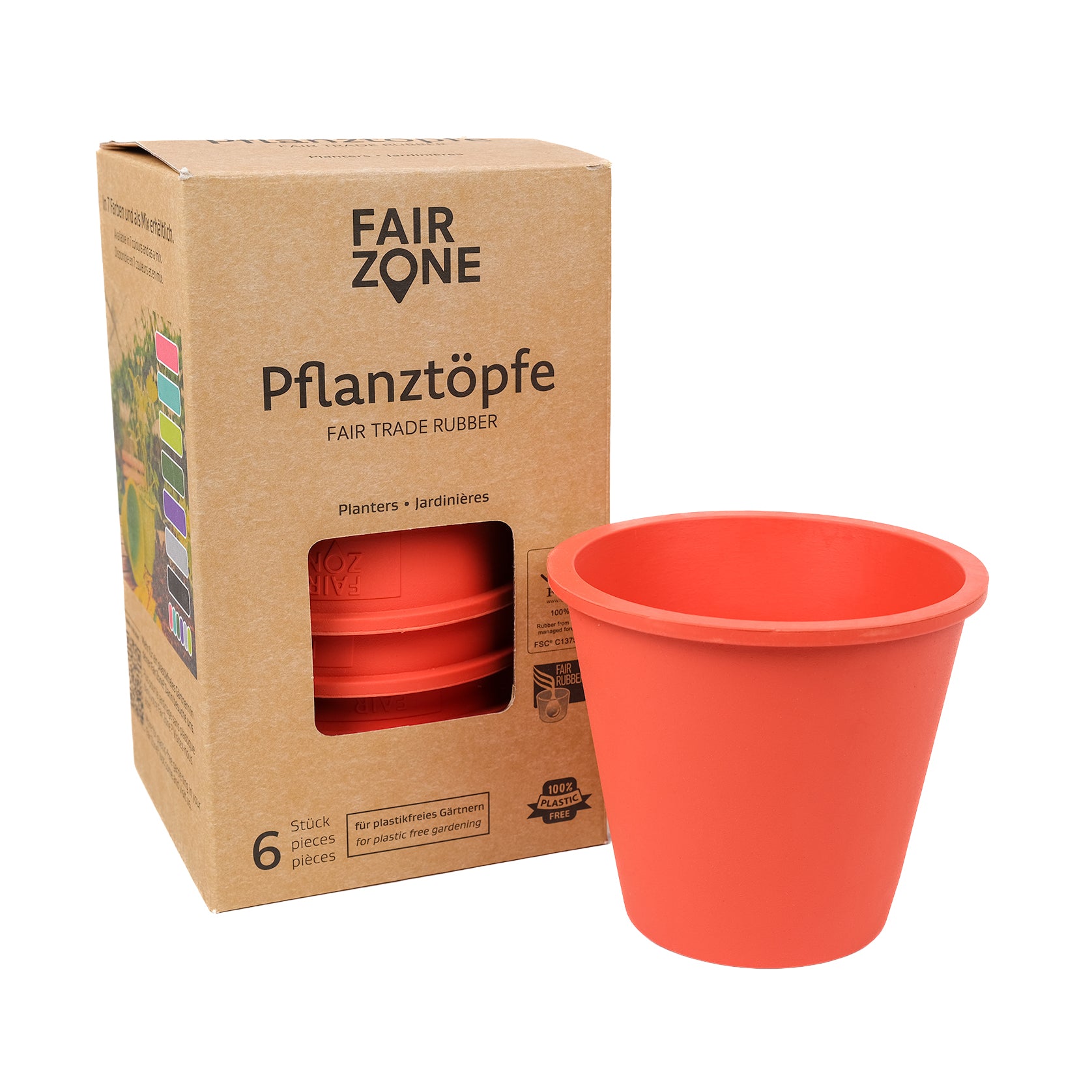 Pack of six natural rubber plant pots in coral.