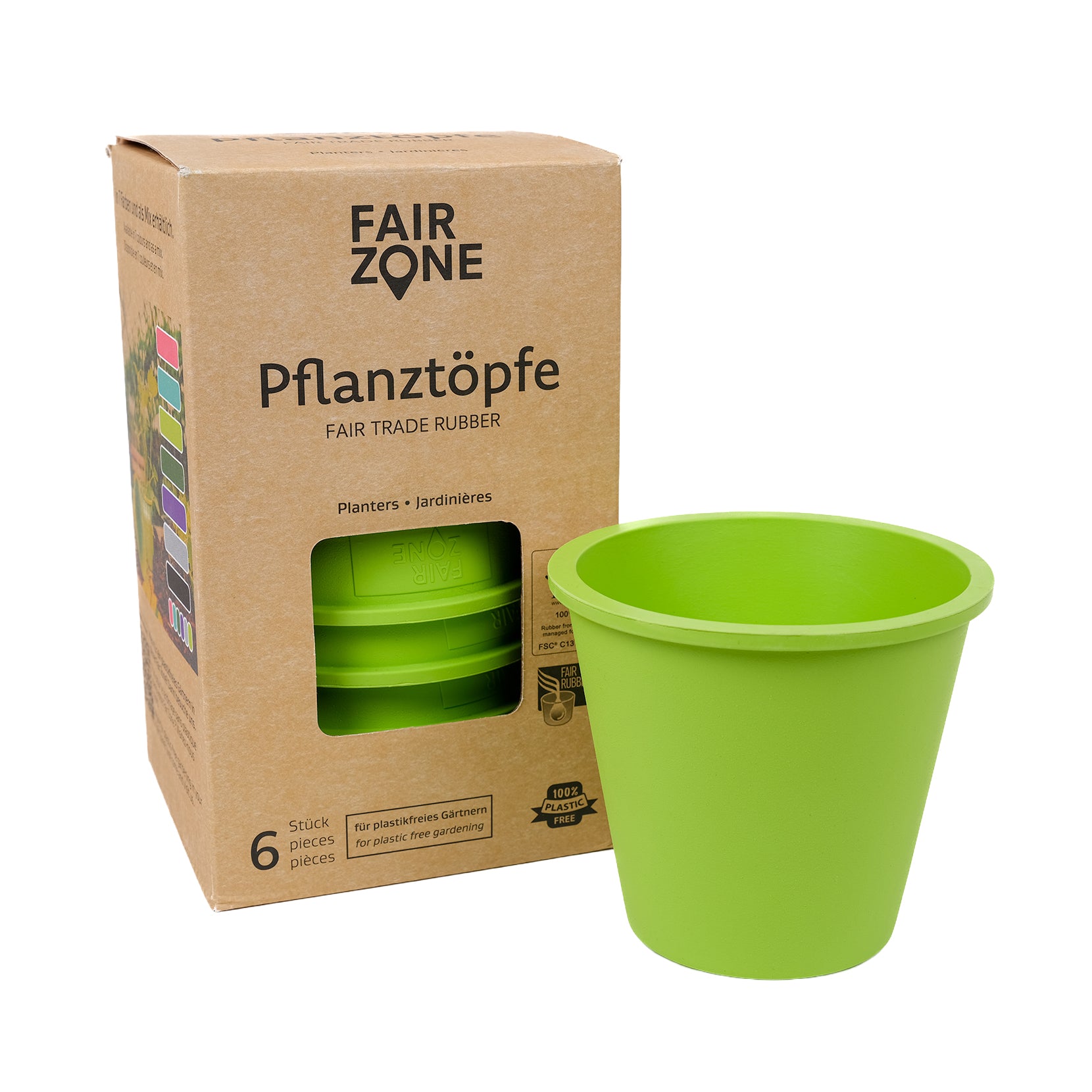Pack of six natural rubber plant pots in fresh green.
