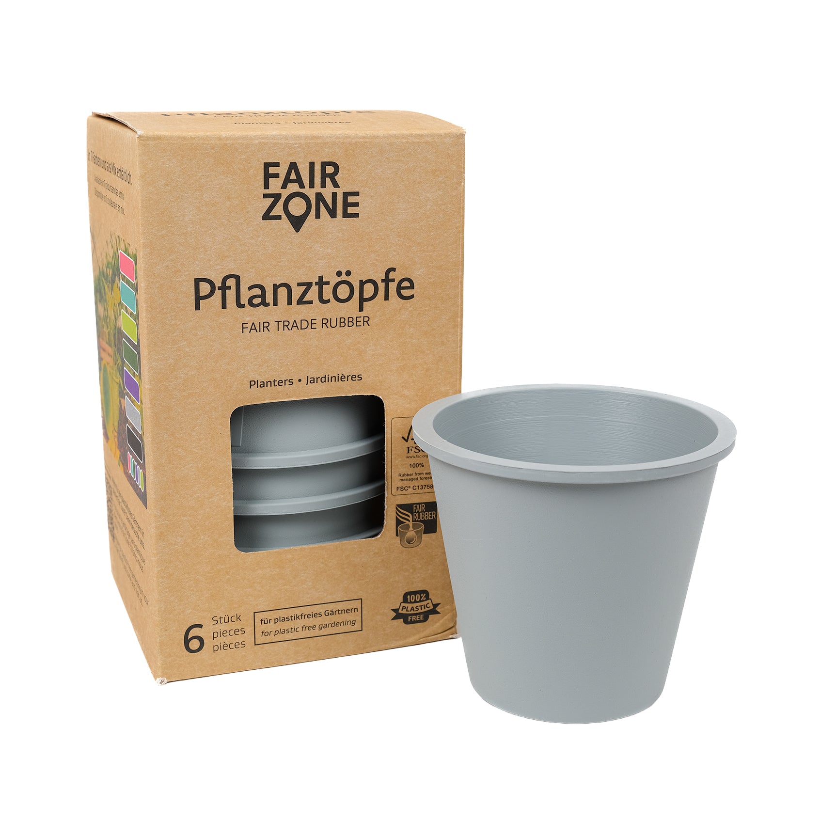 Pack of six natural rubber plant pots in grey.